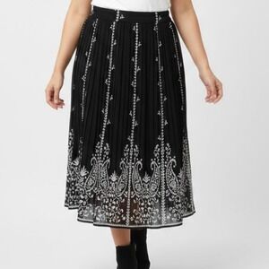 Serengeti Black White Paisley Pleated Midi Skirt Women's 1X Fairy‎ Grunge Boho